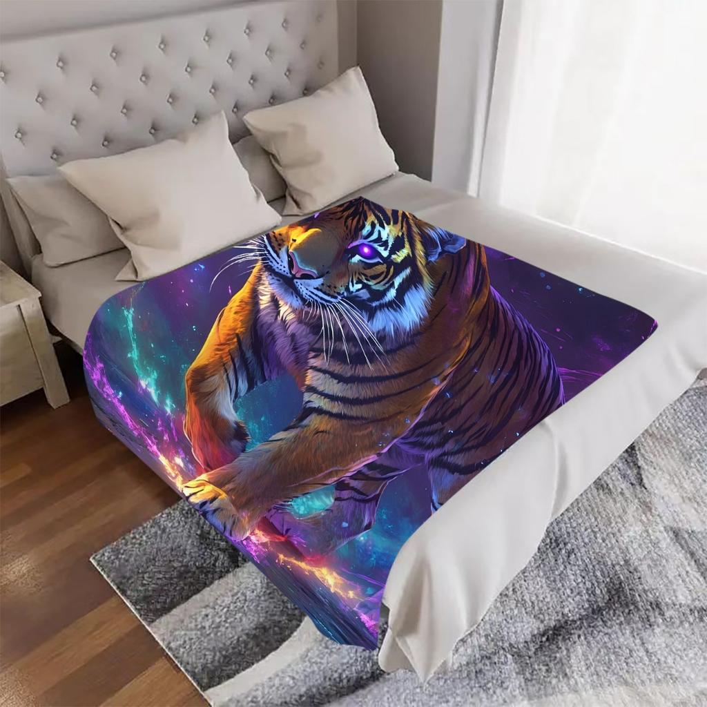 1pc Vibrant Neon Tiger Digital Printed Blanket - Soft Flannel All-Season Throw with Starry Night & Cosmic Design, Perfect for