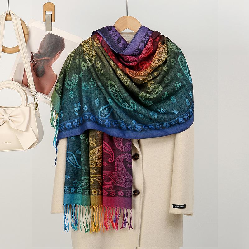Women Winter Elegant Jacquard Pashmina Imitation Cashmere Scarf Lady Rainbow Color Shawl Thick Warm Wrap Coldproof Blanket Scarf