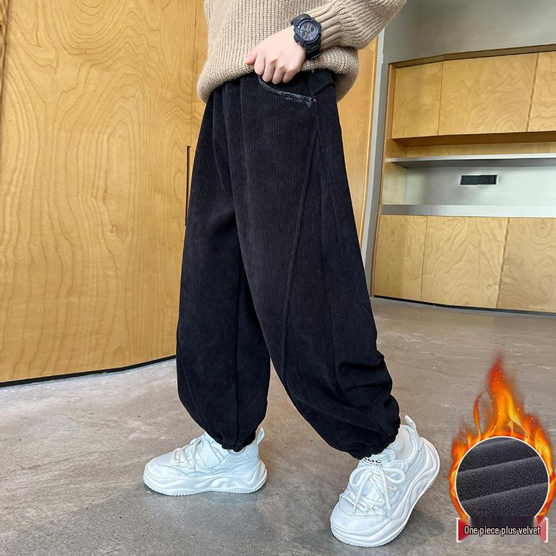 Boys' Autumn/Winter 2025 Fleece-Lined Corduroy Sports Pants, Medium/Large