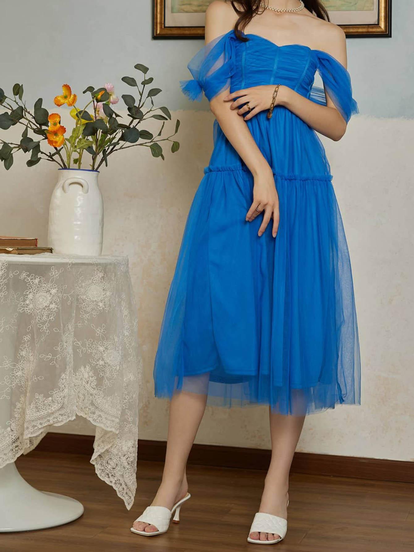 

2025 Новое женское платье, сетчатое платье, платье принцессы без рукавов, среднее платье XL синий