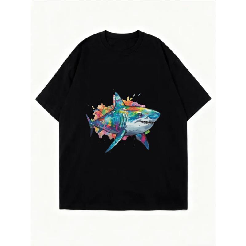 White Oversized T Shirt With Colorful Shark Print For Casual Wear