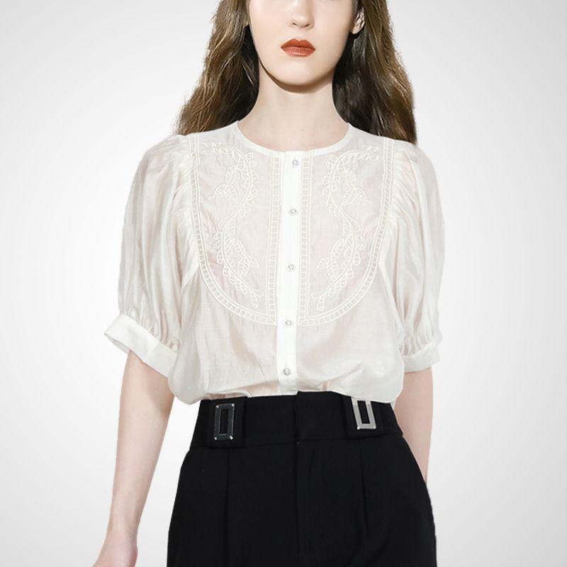 

2025 Summer New Fashion Commuter Sense of Design Shirt European and American Women s Clothing Five-Quarter Sleeve Thin Slim Fit Slimming Top White M