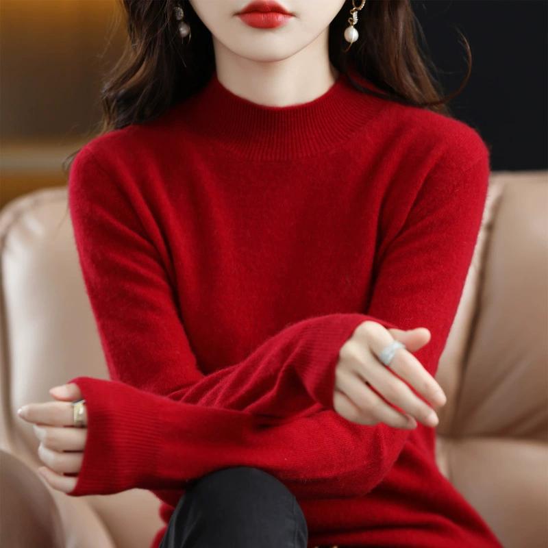 Half High Neck Fashionable Versatile Knitted Sweater for Women, Autumn and Winter Short Style Pullover, Solid Color Loose Sweater Base