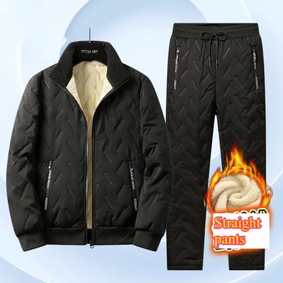 Men's  Winter Fleece-Lined Cotton Coat Set Cotton Trousers Lambswool Cotton Jacket Warm Coat Two-Piece Set