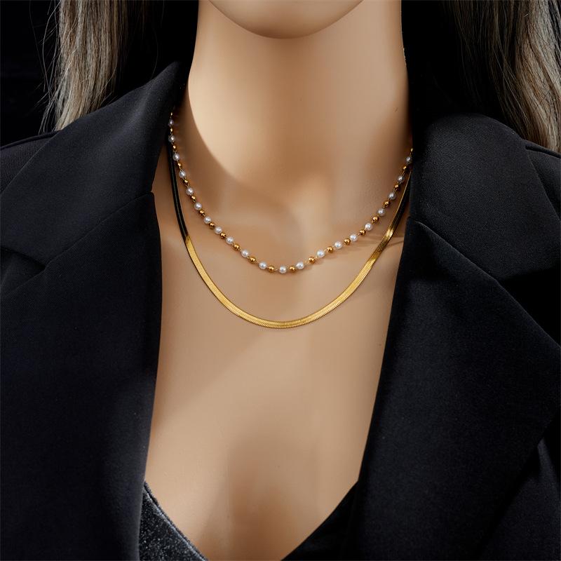 Gold Double Layer Snake Chain Pearl Bead Choker – Minimalist Elegant Jewelry, Timeless Charm Gift for Women золотой