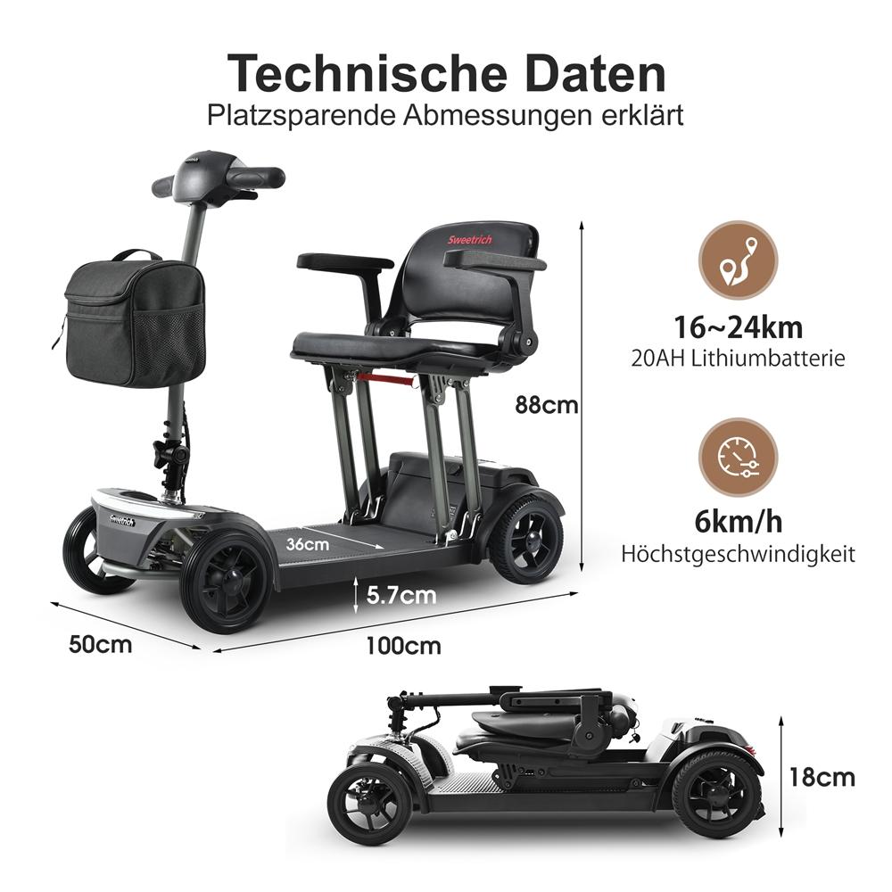 Sweetrich Air Traveller Electric Mobility Scooter for Seniors, 24V 20AH Battery, 180W Motor, 6km/h Maximum, 25km Range.