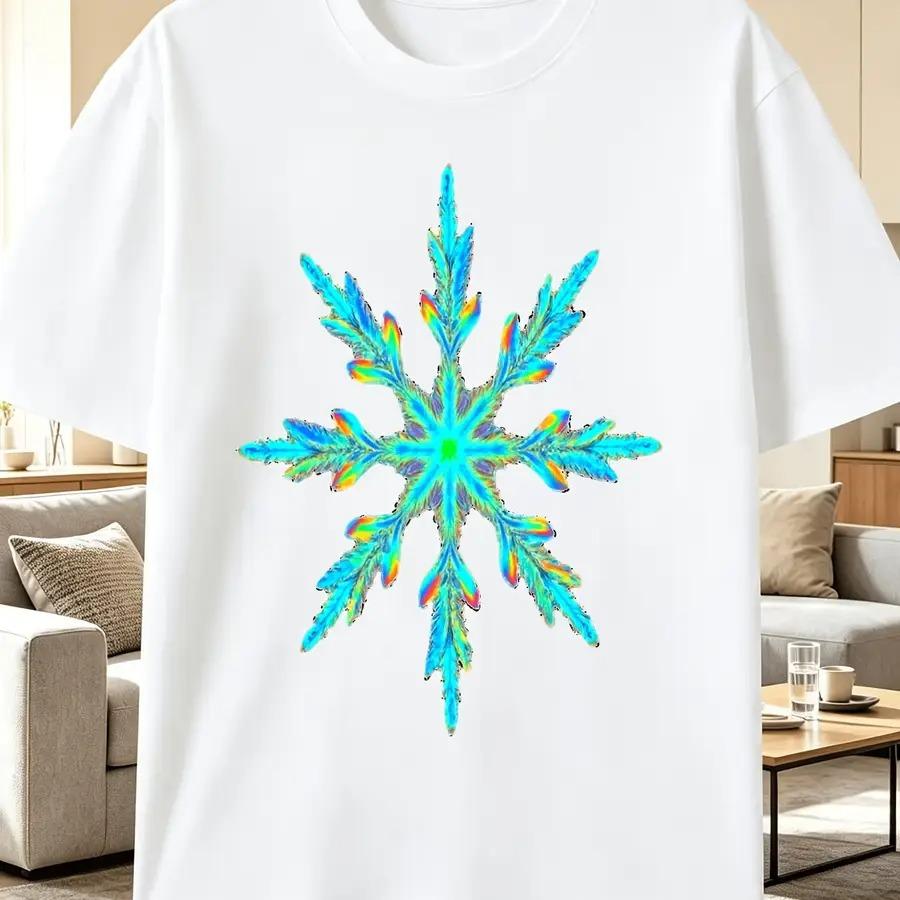 New styleUnisexS ShortSleeve Crew Neck TShirt Featuring a Holographic Snowflake Design Stylish 8Point Iridescent Graphic in