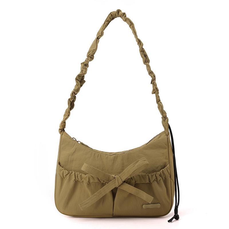 Marszczona torebka na ramię ze sznurkiem, z kokardą, crossbody, do dojazdów, damska