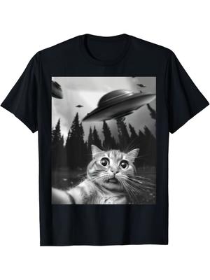 Funny Cat Selfie with UFOs T-Shirt Super Soft and Breathable Fabric Casual Wear, Short Sleeves, Regu