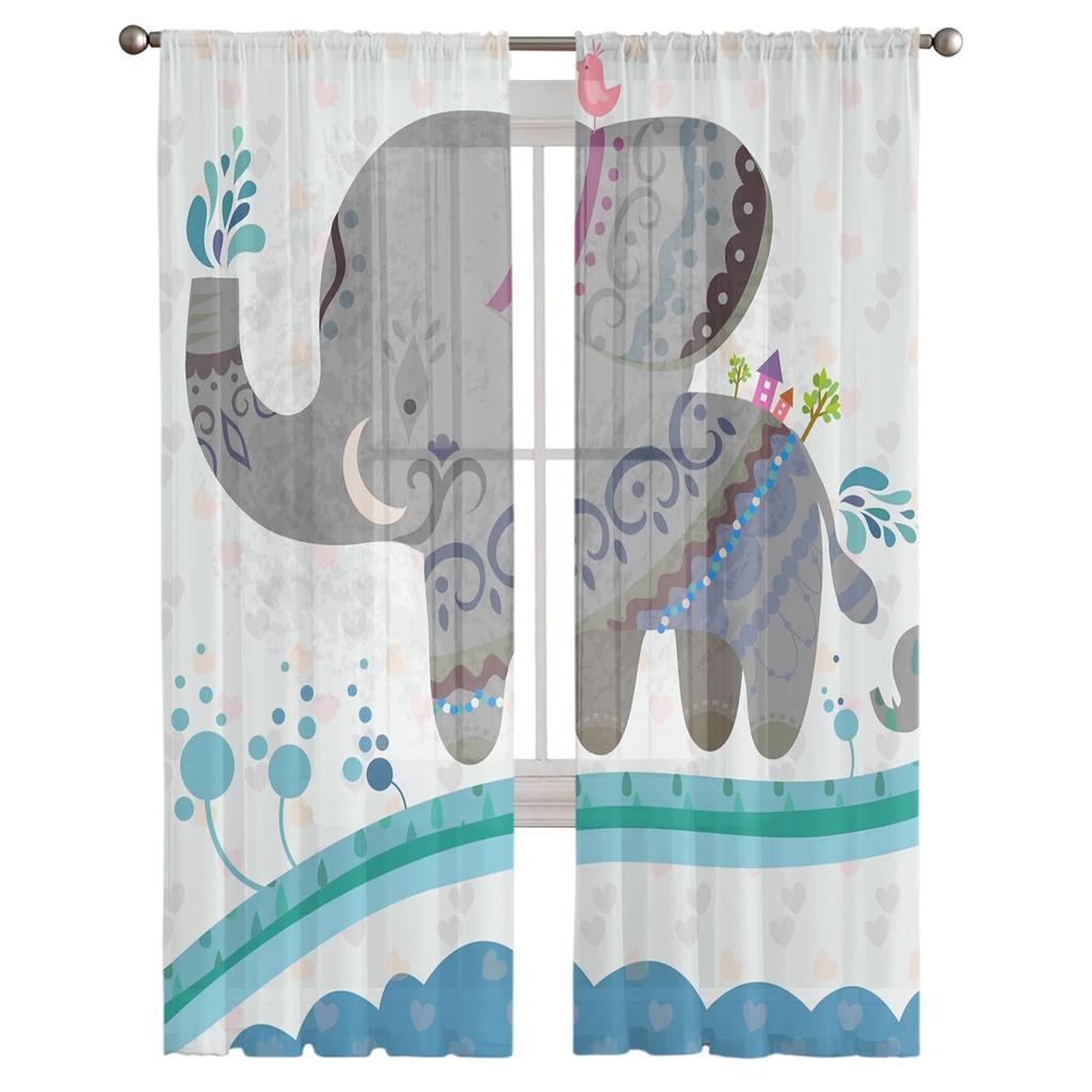 Elephant Big Stupid Bird Heart Gray Blue Curtains Living Room Bedroom Decoration Window Voiles Morning Tulle Curtain Sheer Polyester Sitting Decor