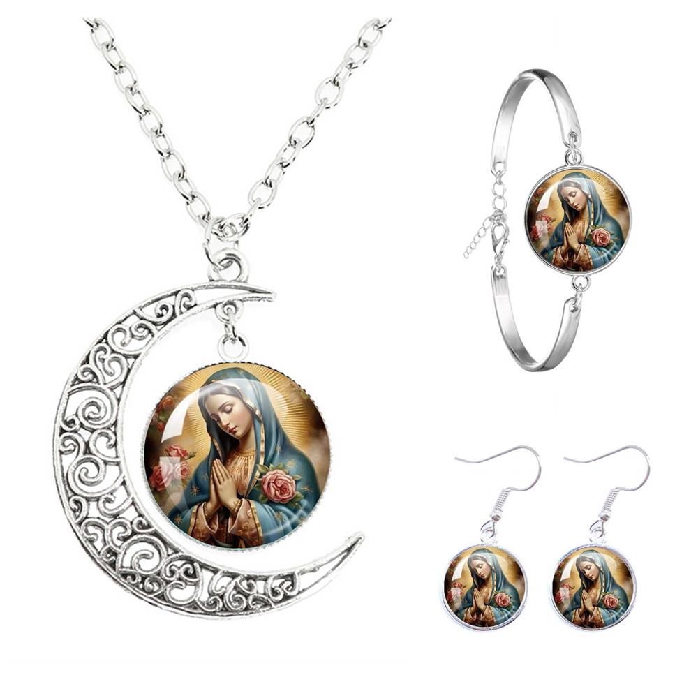 Virgin Mary And Baby Jesus Catholicism The Moon Necklace Earrings Bracelet Set Religious Glass Cabochon Pendant Gift Jewelry