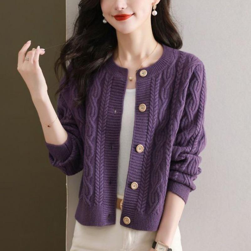 Autumn and winter fashion temperament solid color twist twisted round neck women's elegant lazy style retro knitted cardigan sweater