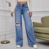 Damen Hellblaue Zerrissene High-Waist Wide-Leg Jeans - Bodenlang