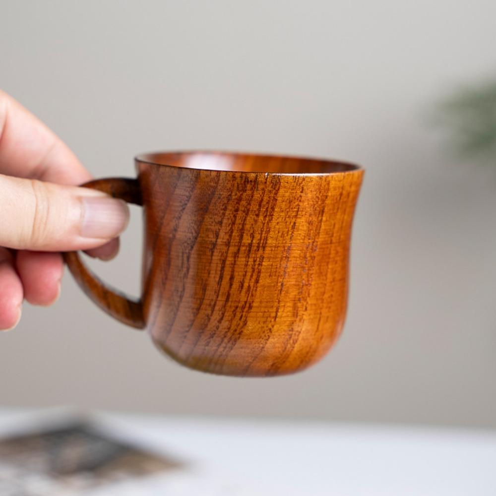 Solid Wood Water Cup Household Mug Simple Milk Cup Handle Retro Coffee Cup Breakfast Tea Cup
