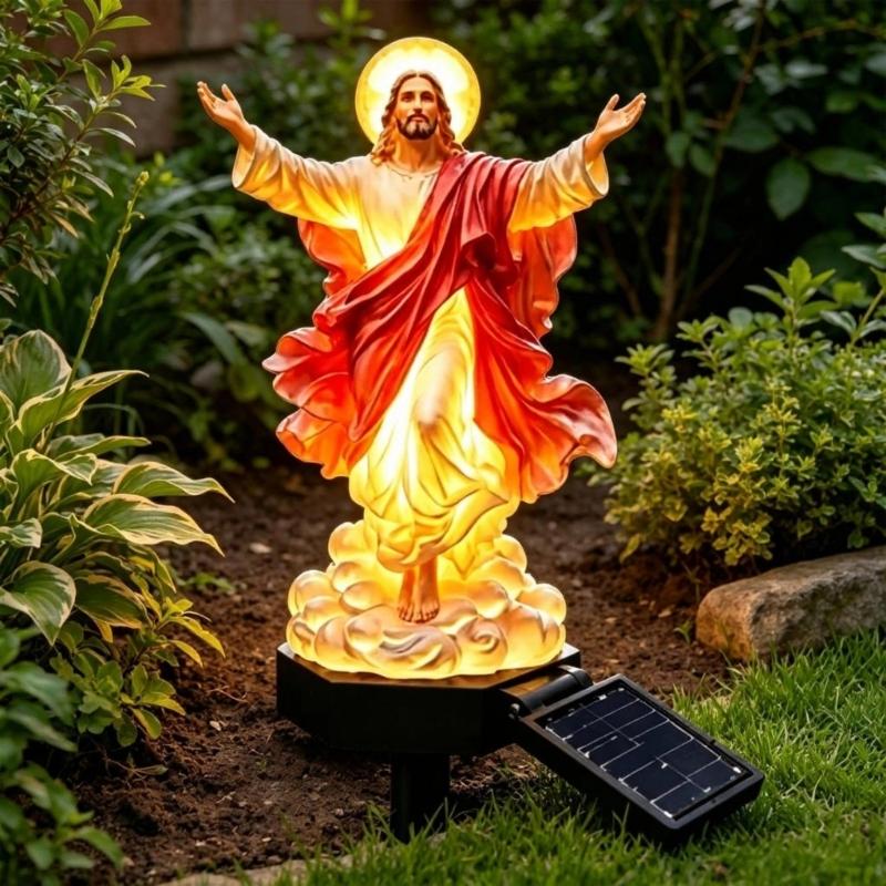 Religious Figurine Solar Lamp Statue for Garden Lawn Border, Resin Yard Stake Sculpture with Warm Light for Flower Bed and Outdoor Entry Use