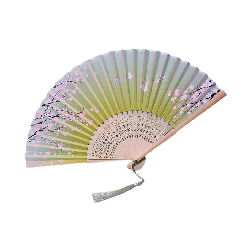 Éventail traditionnel chinois vintage avec pompons Éventail pliant portable Éventail de danse pour femmes Mariages Bals de fin d'études Photographie