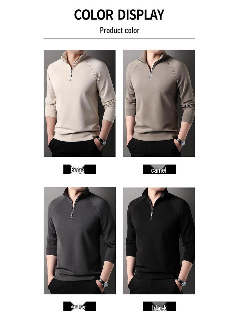 Men's Half-Zip Long-Sleeve Stand Collar T-Shirt, New Arrival for Spring/Autumn, Solid Color, Stylish Base Layer for Middle-Aged & Young Men