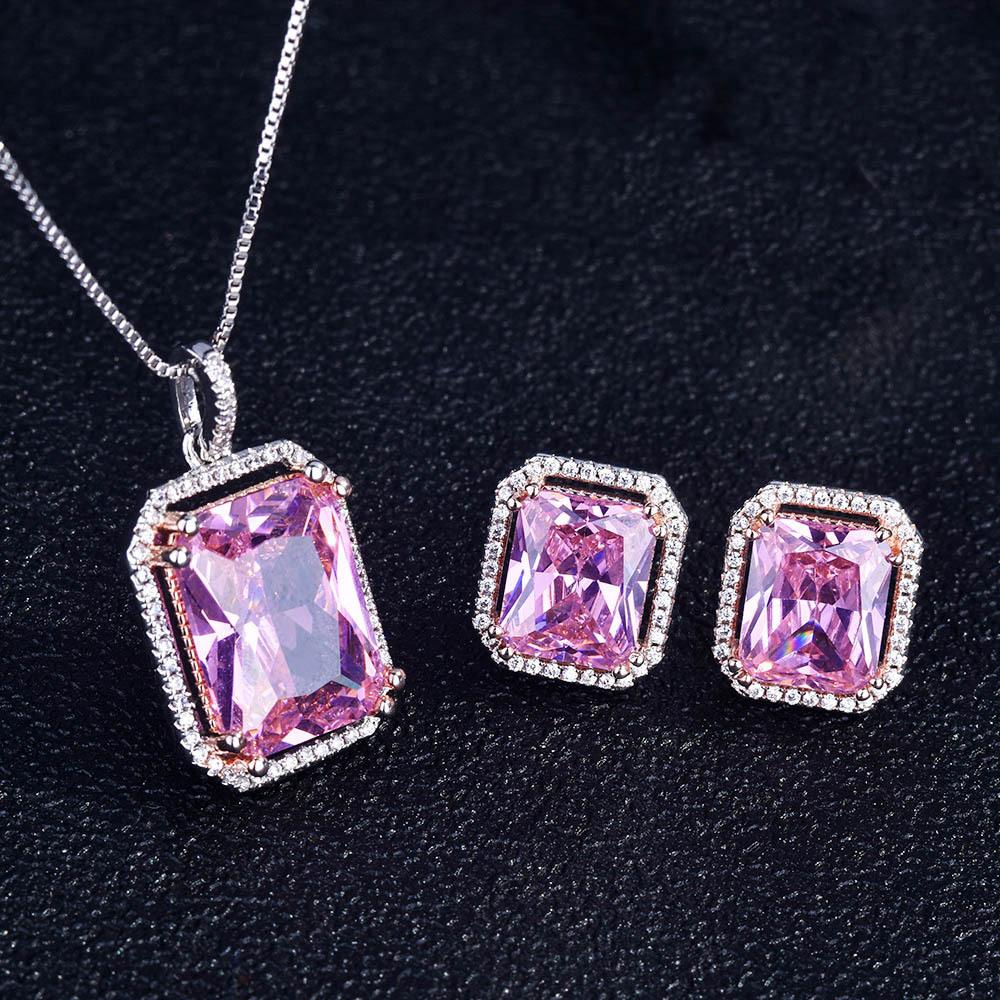 New High-end Luxury Princess Rectangular Zircon Necklace Ring Earrings