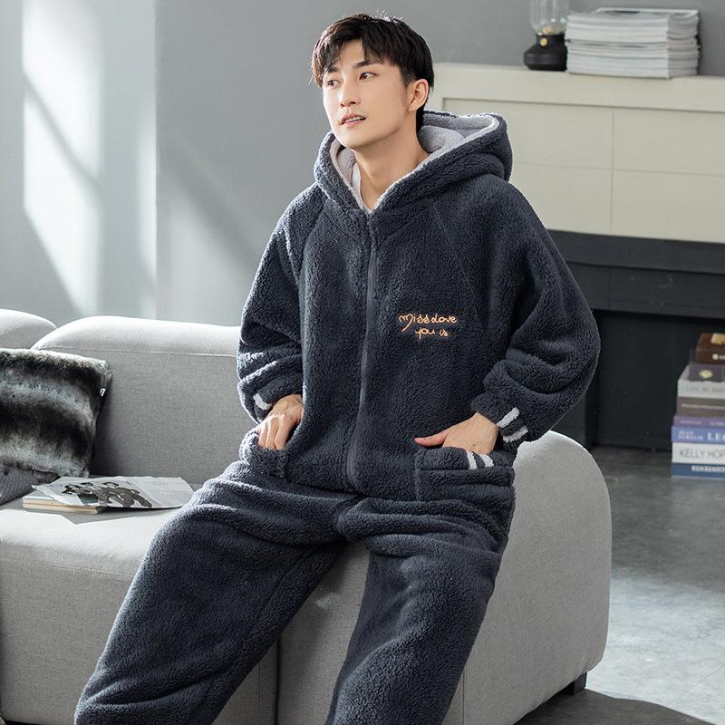 Herren Verdickter Korallenfleece Einteiler Schlafanzug - Winter/Herbst Flanell Hausanzug für Teenager & Erwachsene