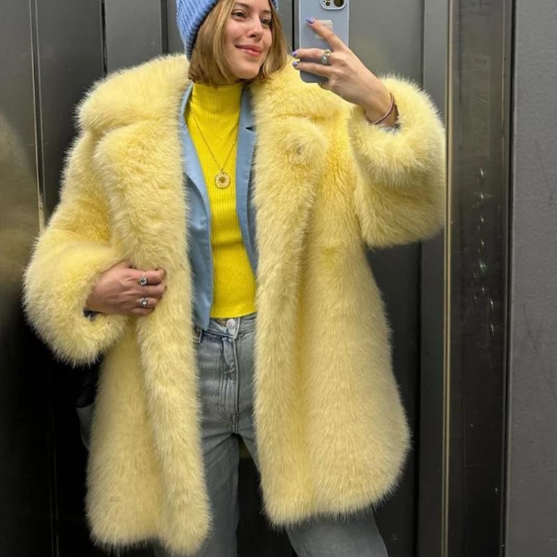 Dámský kožich s klopovým límcem a dlouhým rukávem z umělé kožešiny, volný střih, Streetwear, Kožešinová bunda