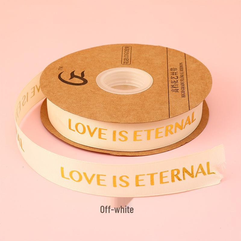 1CM Ribbed Silk Satin Ribbon with Hot Stamped English Letters for Cake Decoration and DIY Craft Gifts