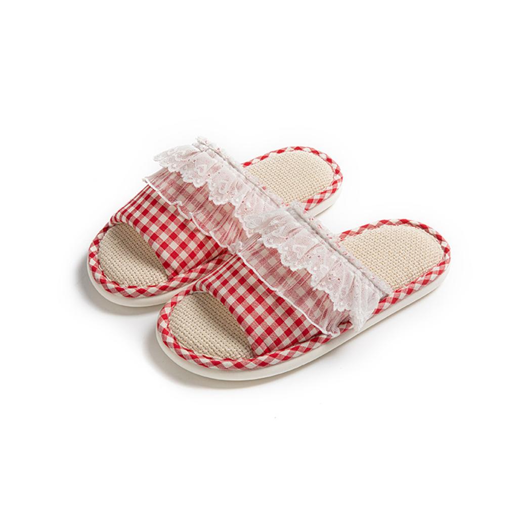 Women's Lace Plaid Linen Cotton Slippers for Indoor Comfort