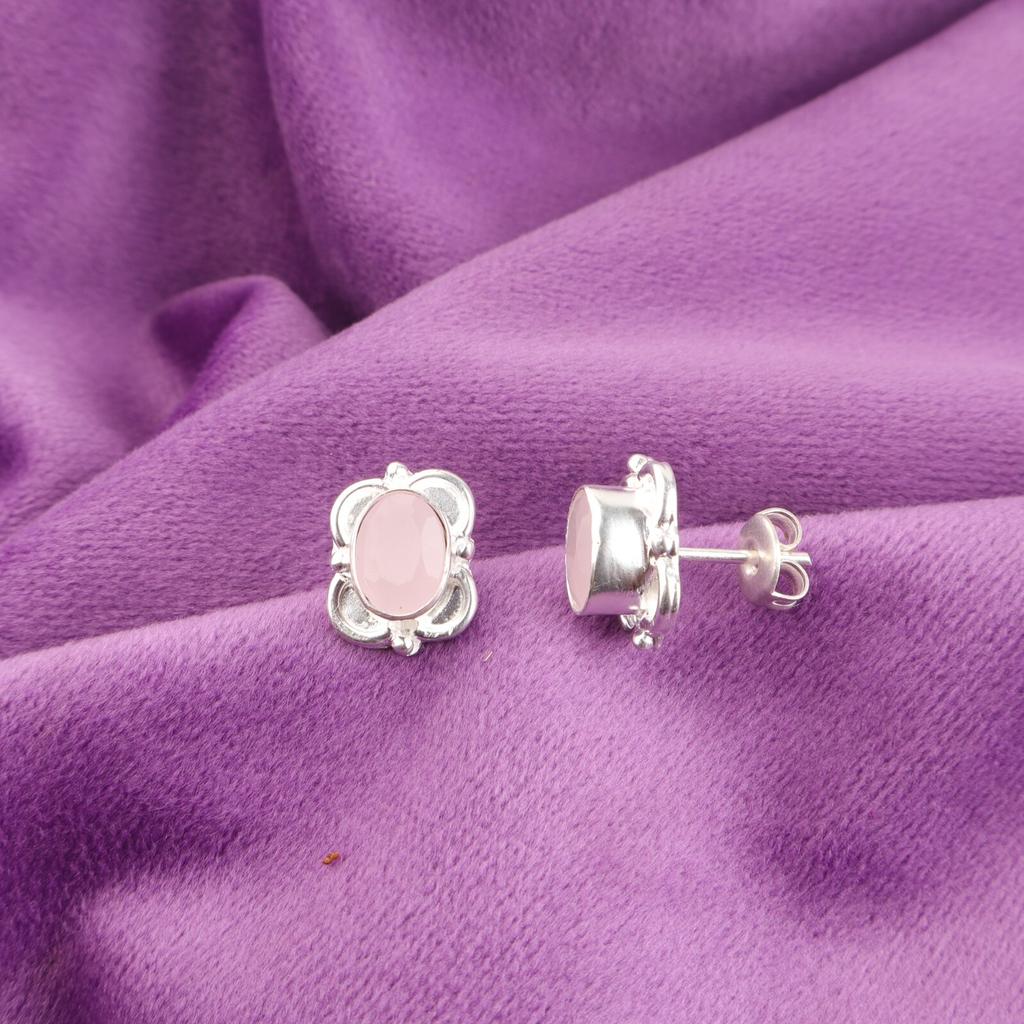 Rose Chalcedony Gemstone Stud Wife Gift Wedding Earrings Jewelry Sterling Silver EE-149-8