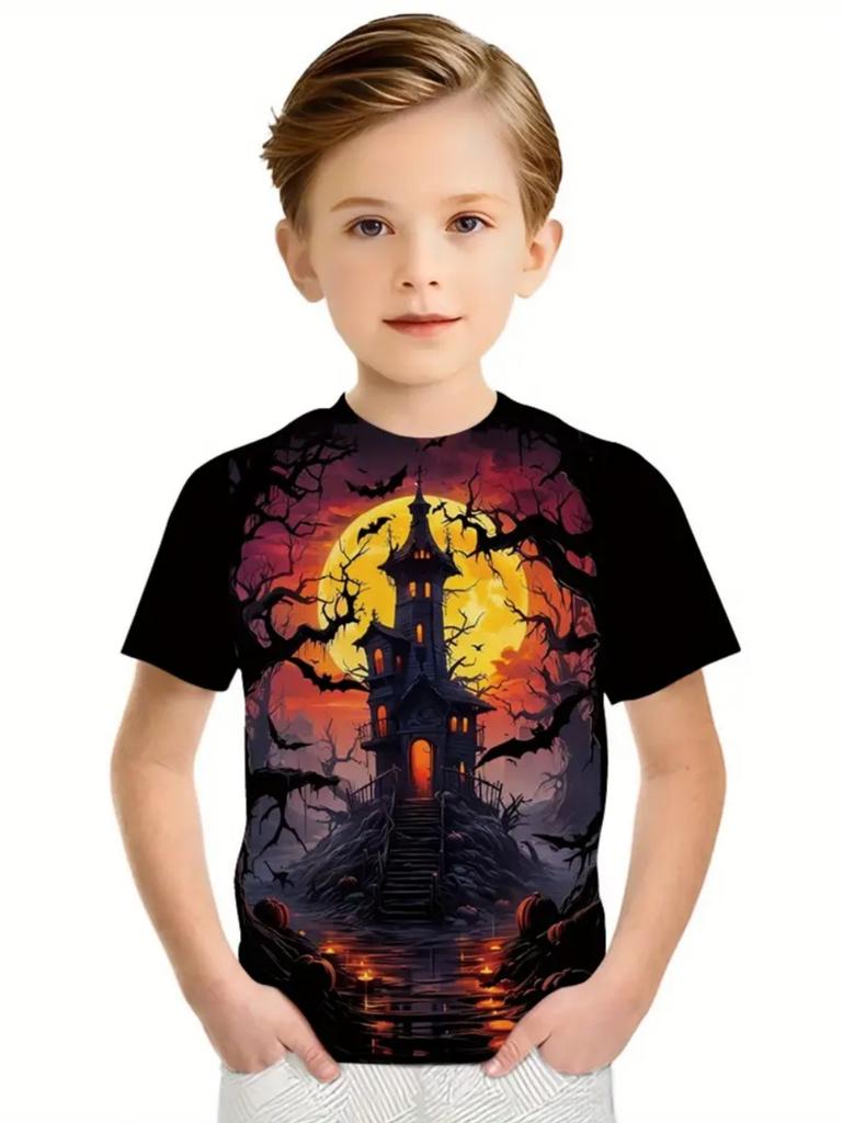 Halloween Printed T-Shirts Casual Round Neck Short-Sleeved Tops Summerand Children's Boys and Girls Fashion 3D Print Clothing