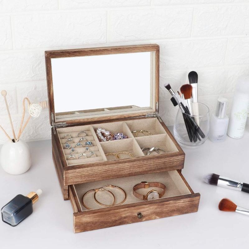 Vintage Jewelry Box Solid Wood Containers Two Layers Necklace Earrings Display Boxes with Mirror Jewelry Accessories