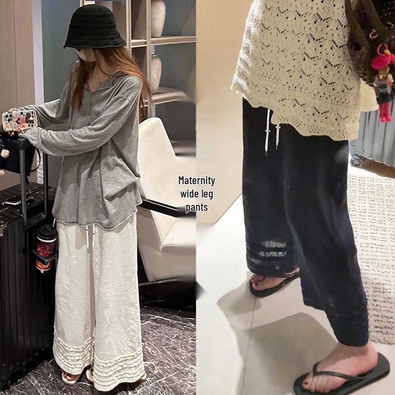 Maternity Black Lace Wide-Leg Cropped Pants - Spring/Summer Loose & Slimming Style Large