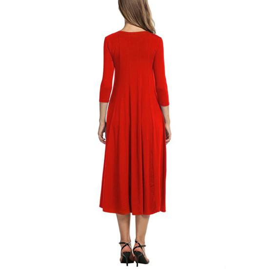 Lässiges Damen Midikleid in Unifarben mit O-Ausschnitt, 3/4-Ärmeln, tailliert und mit weitem Rock