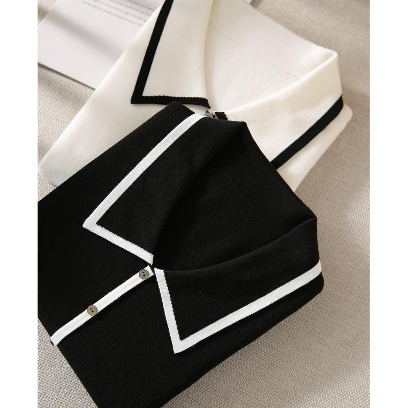 Women's clothing contrasting colors spring and autumn new long-sleeved lapel sweater small fresh knitted sweater women