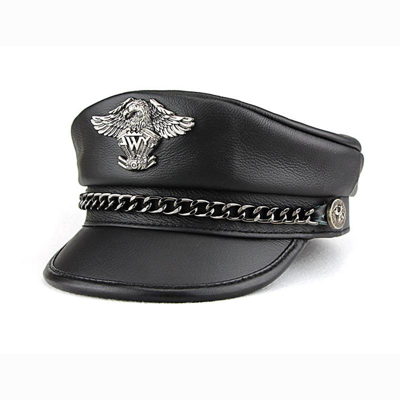 Exclusive Real Cowhide Military Cap Man Genuine Leather Flat Top Hat Fashion Eaglemark Chain Punk Locomotive Casquette Male