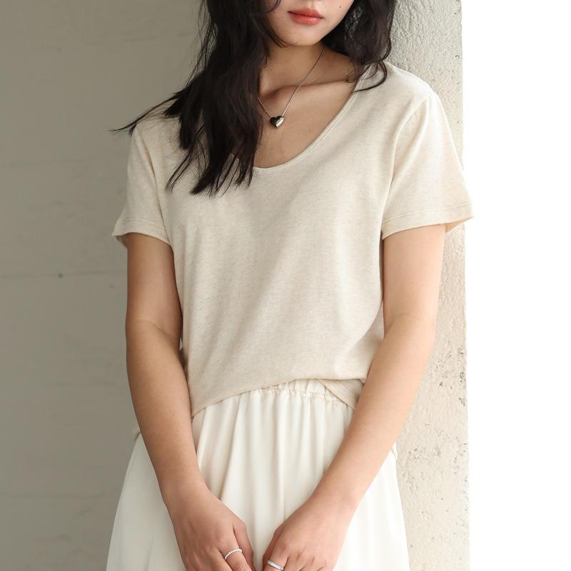 New Spring and Summer Silk Bottoming Shirt Women's Lyocell Goose Egg Neck Short Sleeve Top