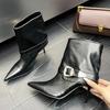 Fashion Thin High Heel Ankle Boots Women Sexy Pointed Toe Rhinestone Belt Buckle Decoration Botas for Women Elegant Party Shoes