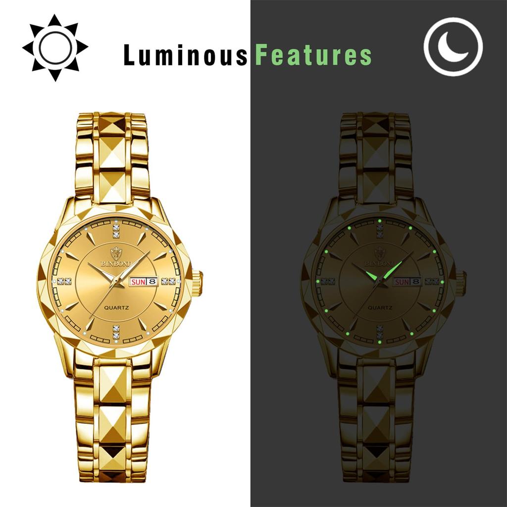 Damen Goldene Analoguhr mit Schlichtem Design, Tagesanzeige, Kalender, 3ATM Wasserdichtigkeit, Edelstahlarmband, Lässiger und Business-Stil -