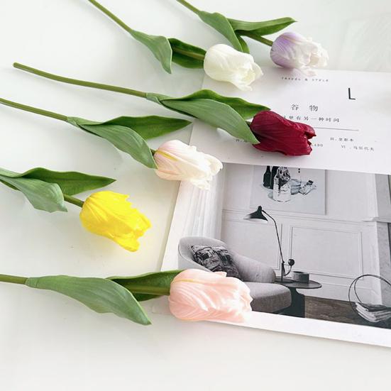 Artificial Tulip Flower Real Touch PU Faux Tulip Flower Stem with Leaves for Wedding Floral Arrangement Spring Home Office Table Decor