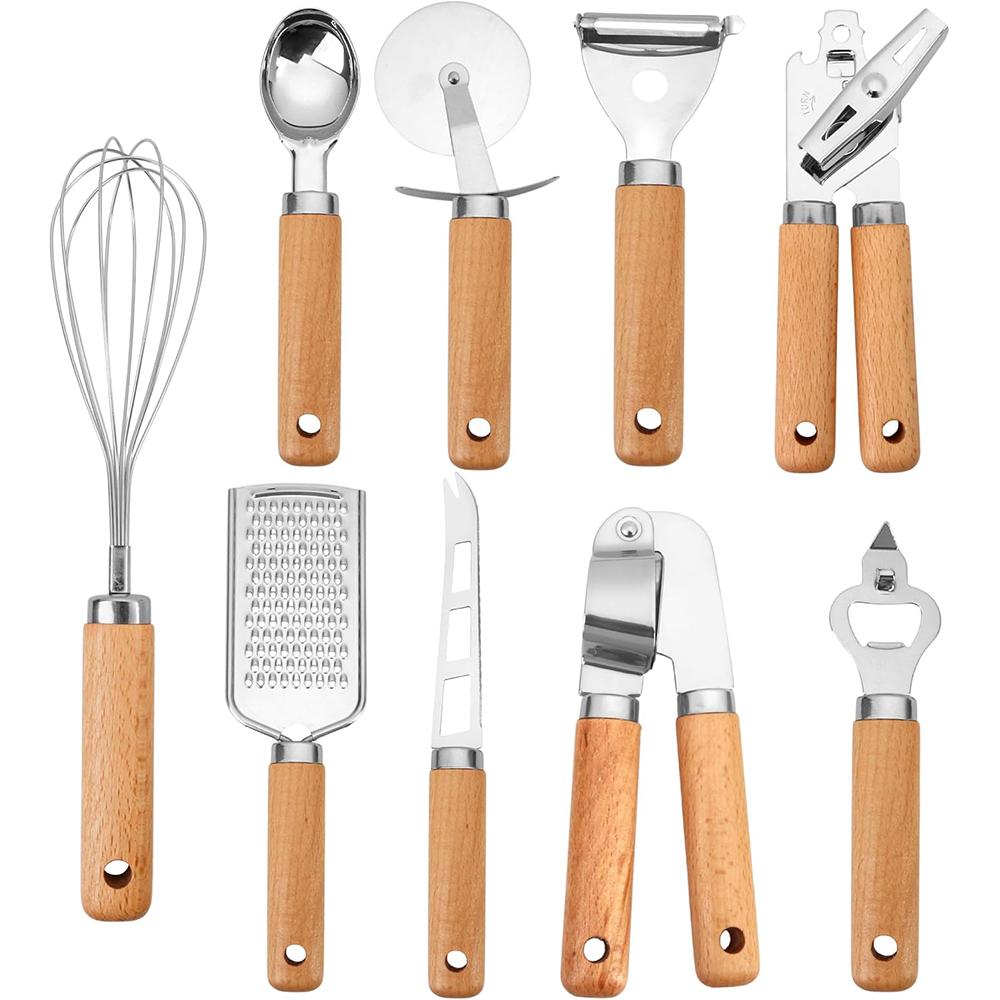 LMETJMA Stainless Steel Kitchen Gadget Set Western Cooking Utensil Tool with Wooden Handle Included Pizza Cutter Garlic Press