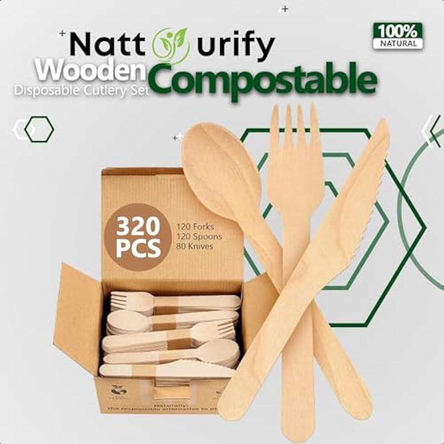

Деревянный компостируемый набор посуды 320 штук 120 вилок 12 ложек 80 ножей Прочная деревянная одноразовая посуда Экологичная биоразлагаемая United States
