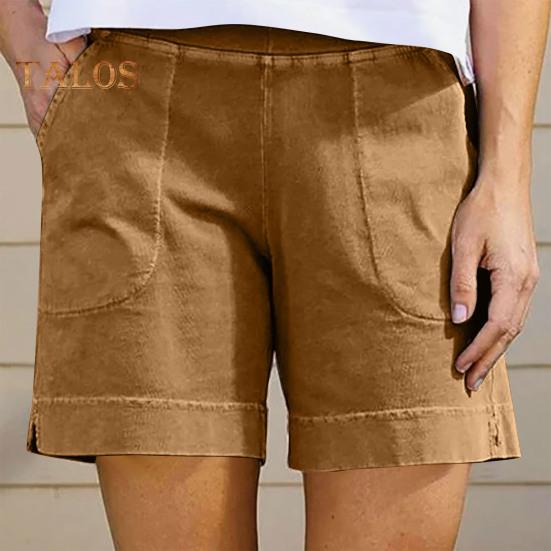 Women's Cotton Linen Shorts Elastic Waist Baggy Short Pants with Pockets Casual Knee-Length Summer Shorts