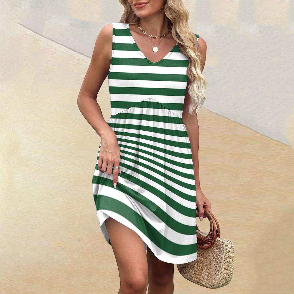 Women's Summer V-neck Casual Beach Vacation Style Striped Printed Sleeveless Patchwork Dresses