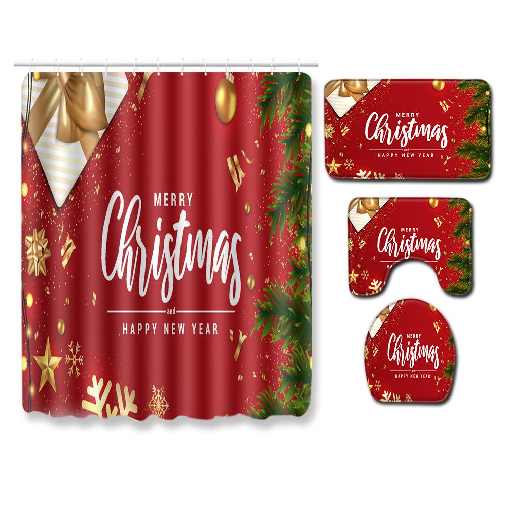 Christmas Shower Curtain Toilet Four-Piece Floor Mat Bathroom Absorbent Non-Slip Door Mat Carpet Bathroom Absorbent Foot Mat