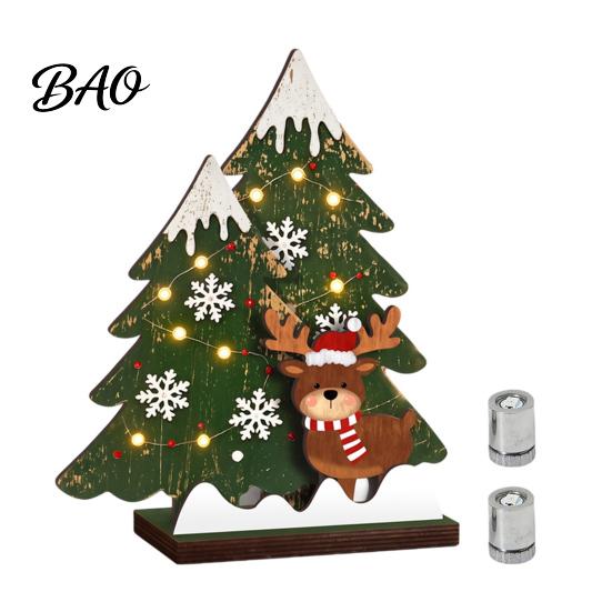 Festive Home Decoration Wooden Christmas Tree Table Decor with LED Light, Rustic Standing Sign Ornament Reindeer Santa Claus for Holiday Tiered Tray,