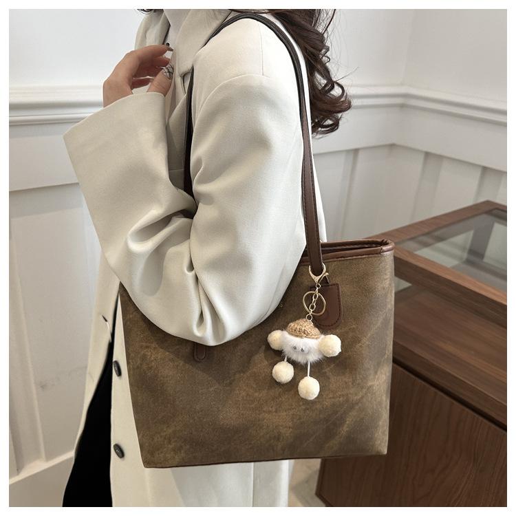 Simple Solid Color Tote Bag Women Large Capacity Faux Leather Shoulder Handbag Urban Commuter Bucket Purse