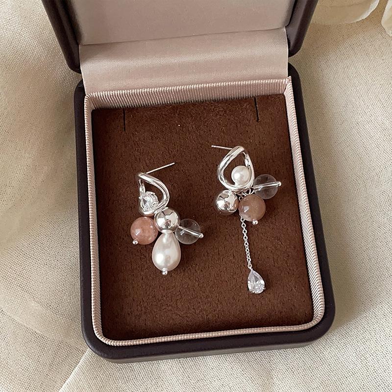 Asymmetrical Stone Pearl Zircon Earrings Trendy Elegant Jewelry