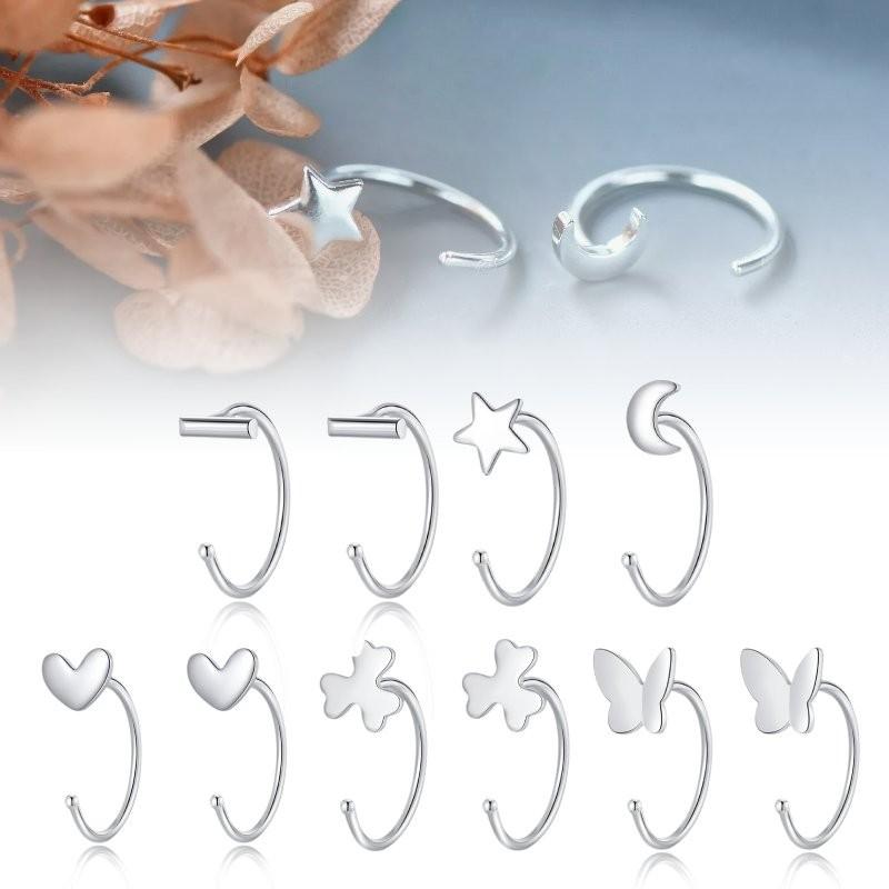 Earrings Silver Women Heart Flower Star Moon Butterfly Shape Decoration Stud