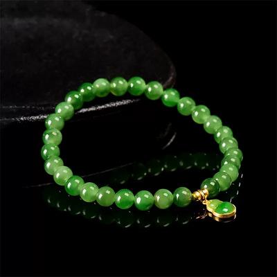 Genuine Natural Hetian Green Jasper Chinese Style Beaded Bracelet for Women with Gourd Charm Pendant