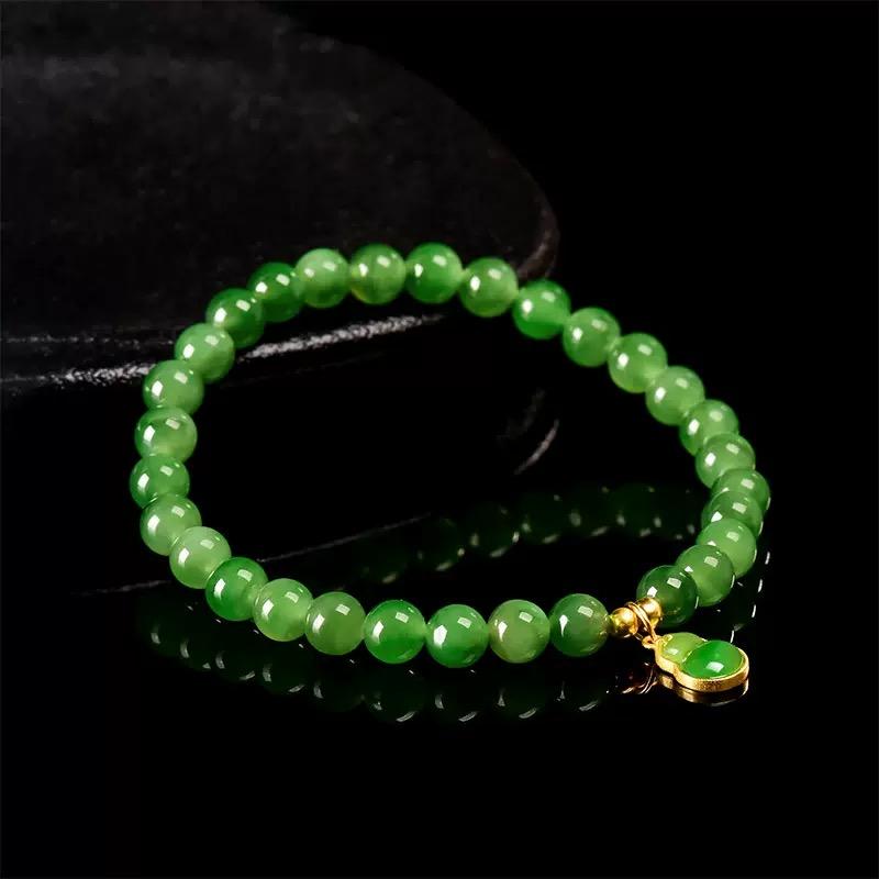 Genuine Natural Hetian Green Jasper Chinese Style Beaded Bracelet for Women with Gourd Charm Pendant