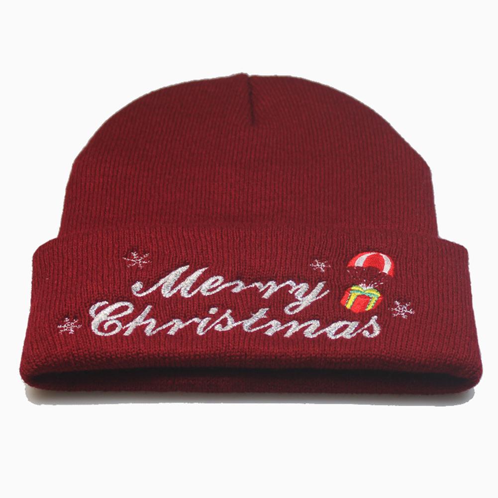 

Universal Winter Knitting Wool Hat Warm Merry Christmas Embroidered Knitted Hat Wine red adjustable#1