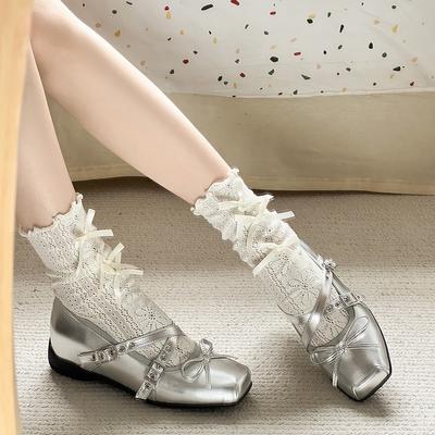 Fashion Mary Jane Heightened 5CM Bow Small Single Shoes Women's Summer New Versatile French Shallow Flat Ballet Shoes